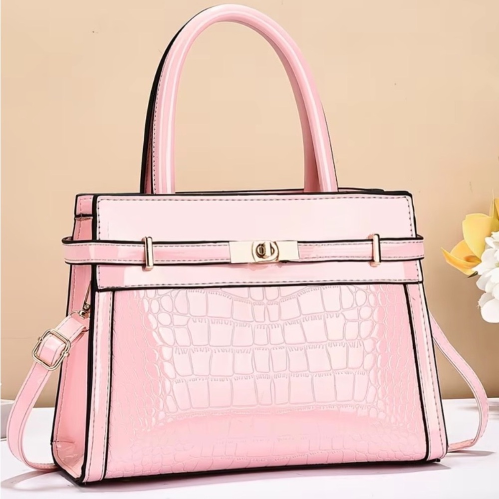 Pink Crocodile Embossed Handbag